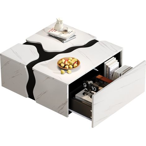 Tavolino 70x70x31 cm in truciolare bianco effetto marmo con cassetto - CHICFURN (1/5)