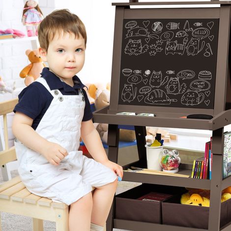 Chevalet pour Enfants 3 en 1 Tableau de Dessin Magnétique Double Faces (Tableau Blanc + Tableau Noir) Café (1/3)