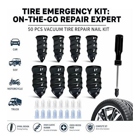 Kit de réparation de pneus Tubeless - clous en caoutchouc en spirale - et - Avec tournevis - Pour voiture, moto, camion et vélo (1/2)