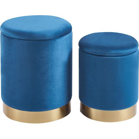 Set Di 2 Pouf Contenitori In Velluto Design Moderno Poggiapiedi,Sgabello Tondo con Coperchio Rimovibile e Seduta Imbottita Alta Densità Con Fascia In Metallo Contenitore Capiente Storage Box Blu
