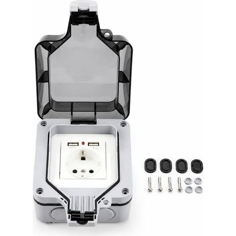 Prise murale étanche avec couvercle, 2 ports USB, grise (1/5)