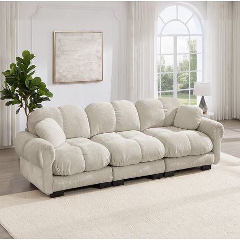 Divano a 3 posti 260x86x90 cm, design trapuntato, cuscini spessi con cuscino mobile, chenille kaki chiaro (1/5)