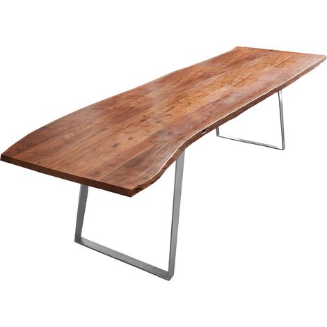 Esstisch Baumkante Akazie nussbaum 280x100 silber schräges U-Gestell HOBART (1/5)