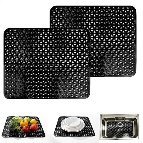 Tapis Évier Cuisine, 2 Pièces Tapis Protège Évier Découpable, Rapide à Drainer, Tapis Evier en PVC pour Vaisselle, Verrerie, Légumes, Protection de l'évier, 32 x 27 cm (Noir) (1/5)