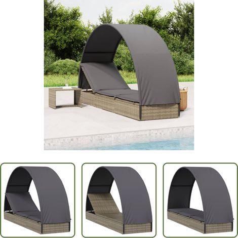 Transat piscine - Chaise longue avec toit rond gris 211x57x140 cm résine tressée (1/5)