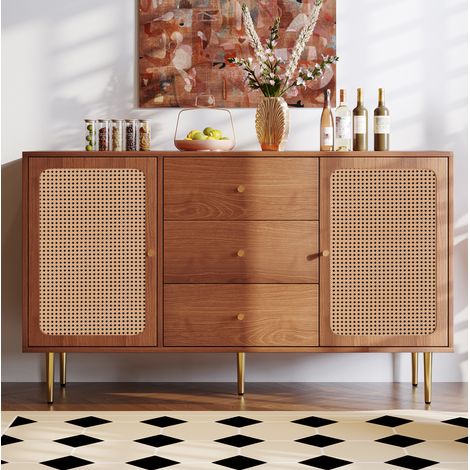 Buffet en bois et métal noyer 2 portes, 3 tiroirs et 2 tablettes réglables 150x40x90 cm (1/5)