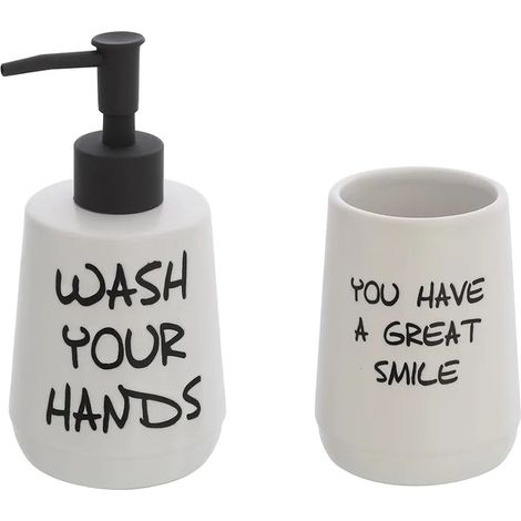 Set accessori linea Wash dispenser + portaspazzolini bianco con scritte (1/4)