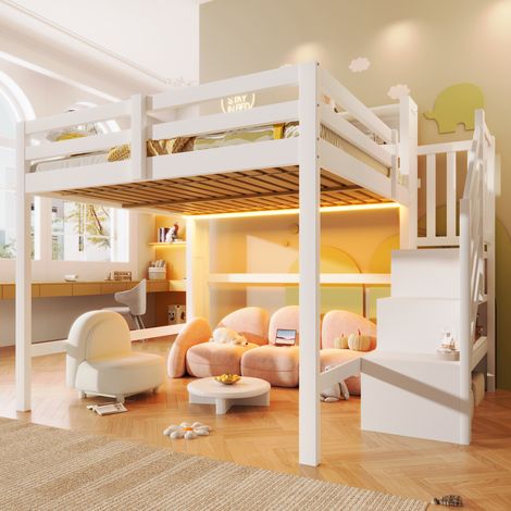 Lit mezzanine blanc 140x200 cm, luminaire LED intégré, grand coffre sous le sommier, échelle avec étagères, rangement ouvert, sans matelas, lit surélevé (1/5)