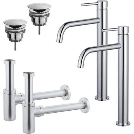 FugaFlow Eccelente Sobrado Slim Kit robinet lavabo - pour double vasque - robinet rehaussé - bonde non-obturable - siphon design - Chrome brillant (1/4)