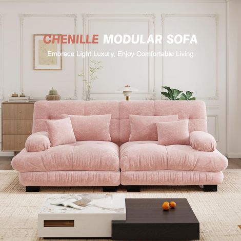 Canapé d’angle modulable luxueux – En L, canapé‑lit profond, pouf, velours côtelé chenille rose – Douceur et élégance rosée (1/5)