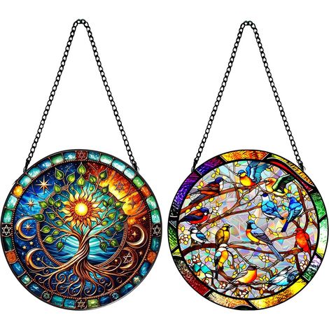 atrapasoles colgantes de vitral, 20 cm, con forma de árbol de la vida, colibrí, acrílico con cadena para ventana, patio, pared y jardín. (1/5)