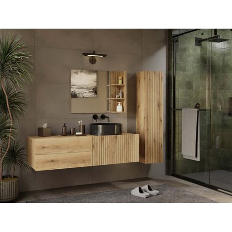 Topeshop – Meuble sous-lavabo chêne rainuré 2 tiroirs – 140 cm largeur – 37,5 cm hauteur – 53 cm profondeur – Installation sous vasque