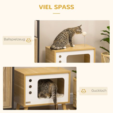 Maison pour chat design TV avec balle de jeu et coussin inclus, panier chat en chêne/beige/blanc, 50x28x43cm (1/5)