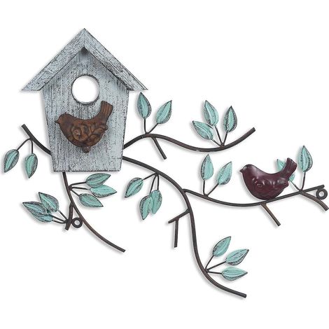 Décoration murale en métal représentant un oiseau, des feuilles d'arbre et des sculptures murales en métal. (1/4)