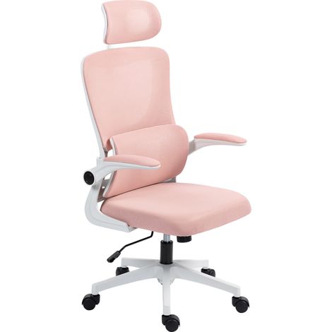 Vinsetto Sedia da Ufficio Ergonomica con Supporto Lombare, Braccioli Ribaltabili, Poggiatesta Regolabile, Poltrona Scrivania Girevole Inclinabile con Schienale Alto, Altezza Regolabile in Rete, Rosa (1/5)