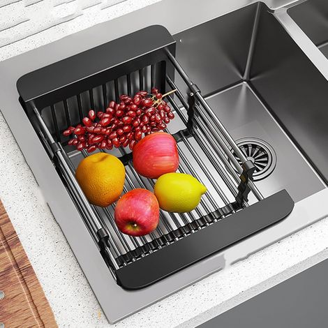 Scolapiatti estensibile in acciaio inox, regolabile, adatto a qualsiasi lavello, per lavare i piatti e scolare frutta e verdura (nero) (1/3)