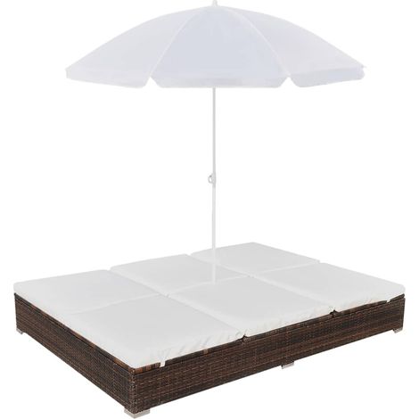 Outdoor-Loungebett mit Sonnenschirm Poly Rattan Braun