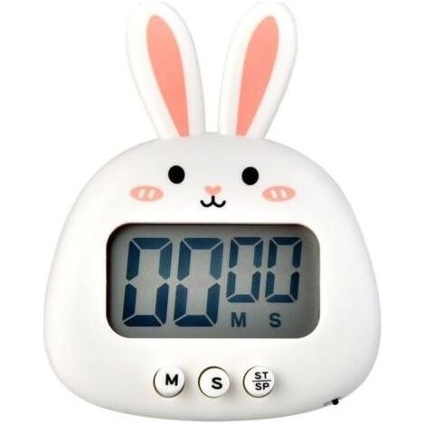 Joli minuteur de cuisine en forme de lapin - Grand écran - Numérique - Chronomètre magnétique avec horloge, compte à rebours - Mini minuterie de cuisson (sans batterie) - Blanc (1/3)