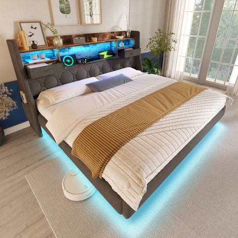 Cama 160x200 cm gris de lino con LED, cabecero con almacenaje y puertos de carga (1/5)