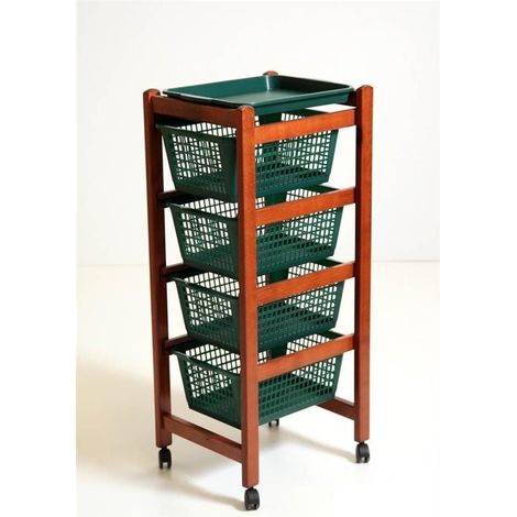 CARRELLO PORTAFRUTTA JOLLY NOCE LEGNO MASSELLO 4 RUOTE CON CESTELLI VERDI