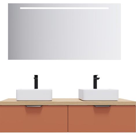 Meuble de salle de bain suspendu 2 vasques à poser 140cm 2 tiroirs Terracotta + miroir - Soho (1/5)