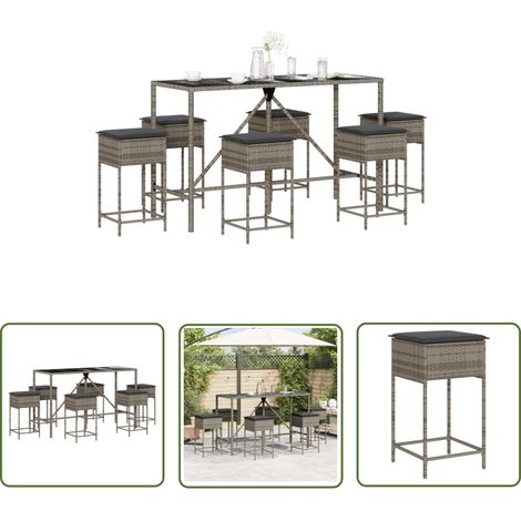 The Living Store 7-tlg. Gartenbar-Set mit Kissen Grau Poly Rattan - Gartensets - Gartenmöbel - Esstisch - Barhocker - Outdoor Furniture (1/5)