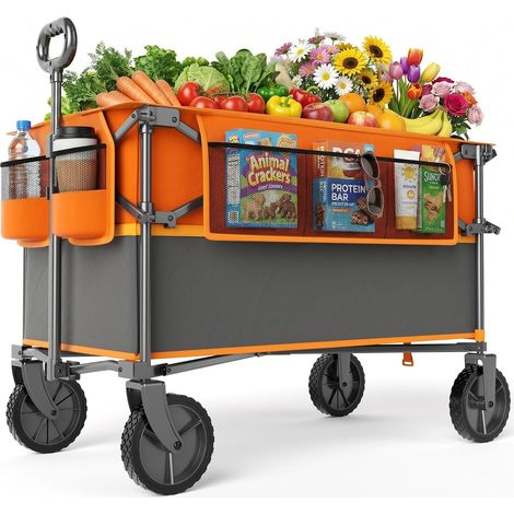 Chariot de Jardin Pliable Grand Volume 300L Chariot de Transport Robuste Charge 120kg avec Roues à 360° Remorque Pliante Tout Terrain pour Camping Plage Festival Pique-Nique Orange (1/5)