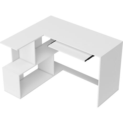 Scrivania Angolare Moderna 120x100x76 cm con Ripiano Scorrevole per Tastiera e Scaffale a 4 Ripiani Bianco (1/5)