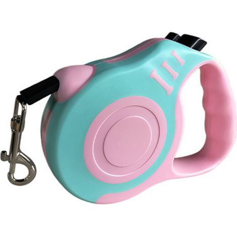 Questo guinzaglio retrattile per cani, blu e rosa, lungo 5 metri, è dotato di funzione anti-torsione, impugnatura antiscivolo e connettore girevole. (1/4)