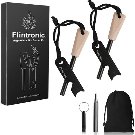 Pierre à feu Kit 7 en 1, Allume Feu Type Briquet Survie Silex avec Manche en Bois fabriqué à la Main - Silex de Survie - Lanière de Cou - Grattoir Multi-Outils - Sifflet (1/5)