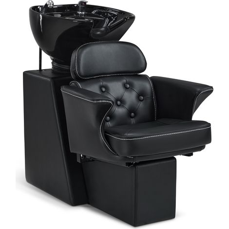 BarberPub Friseurstuhl mit Waschbecken & Kippbarer Rückenlehne, Friseurwaschbecken aus Keramik Verstellbar, Moderner Friseurwaschsessel, Waschplatz 8692 (Schwarz/Kunstleder)