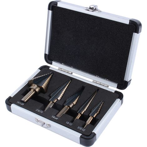Coffret de 5 forets coniques étagés en titane HSS cobalt de grande taille. (1/5)