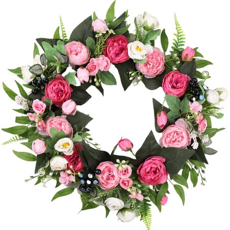 Couronne artificielle de pivoines roses, pour porte d'entrée ou décoration murale intérieure et extérieure, 40 x 40 x 8 cm. (1/4)