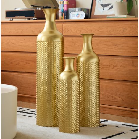 MODFU – Set de 3 jarrones de suelo de metal con alturas 50/66/83 cm, motivo texturizado y acabado dorado brillante – Dorado (1/5)