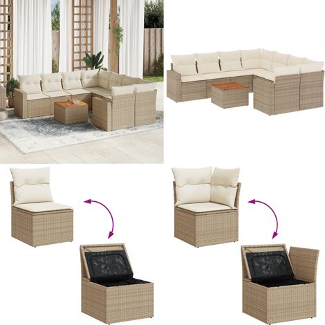 9-tlg. Garten-Sofagarnitur mit Kissen Beige Poly Rattan - Gartenmöbel Set - Esszimmergarnitur Outdoor - Lounge Möbel - Rattan Gartenset - Balkonmöbel - Home & Living (1/5)