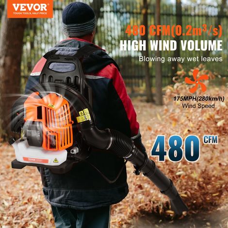 Souffleur de feuilles à essence, 52 CC, souffleur de neige à dos 2 temps, avec réservoir de carburant 1,37 L, volume d'air 480 CFM pour entretien de pelouse, nettoyage de feuilles, déneigement (1/5)