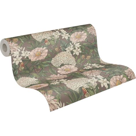 Papier peint nature fond marron Tapisserie florale rose, blanc, vert avec papillons Papier peint intissé idéal pour couloir et salon (1/5)