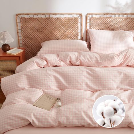 Parure de lit en coton - Rose à carreaux - 200 x 200 cm - Housse de couette de 200 x 200 cm - Avec 2 taies d'oreiller de 80 x 80 cm - Aspect lin - En coton lavé (1/5)