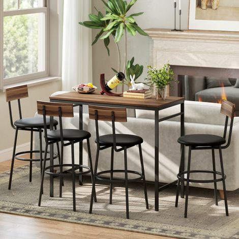 Ensemble de bar 5 pièces avec 4 tabourets, style industriel, pour cuisine et salle à manger, bois et acier, couleur marron (1/5)