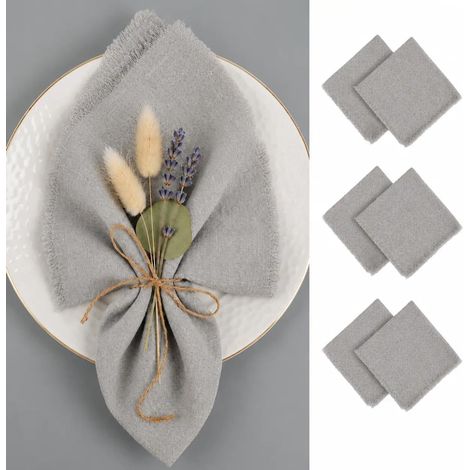 Serviette de Table en Lin, 6 Pièces Serviettes de Table à Pompon Carré, 42cm x 42cm Petite Serviette Lavable Tissu Nappe, Serviette de Table en Coton, Convient pour Les Hôtels, Les Restaurants, Gris (1/5)