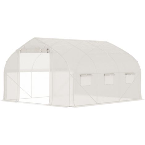 Serre de jardin tunnel anti-UV 10,4 m² porte zippée enroulable fenêtres maille 350 x 300 x 200 cm blanc