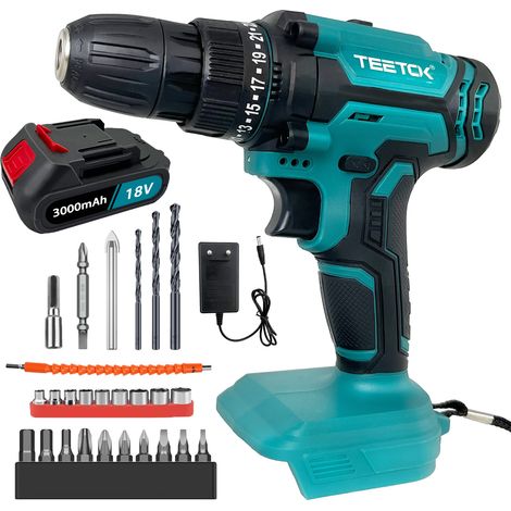 Teetok – Perceuse sans fil 18V – 2 vitesses 0-400/1400 tr/min – Couple 25+3 – Mandrin 10mm sans clé – 26 accessoires et batterie 3.0Ah inclus (1/5)