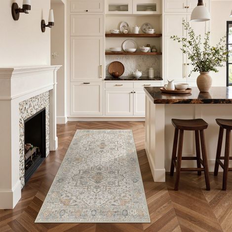 Tapis Salon Vintage Entree 80x150cm Lavable en Machine AntidéRapant Poil Ras, pour Chambre Salle a Manger Descente de Lit Bureau, Cuisine, Beige Mordoré Rétro (1/5)