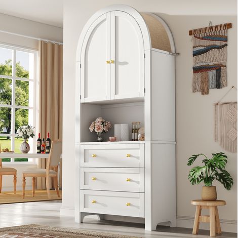 Armoire de rangement 70x35x180 cm blanche en MDF avec 3 tiroirs, portes cintrées et niche ouverte (1/5)