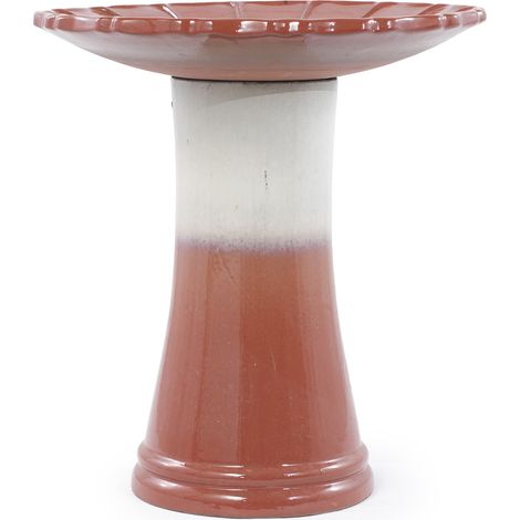 Bain d'oiseaux en céramique artisanale Ø 43 cm, hauteur 45 cm, finition bicolore rouge-brun et blanc pour jardin, terrasse et balcon (1/5)