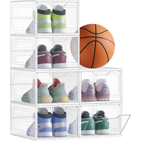 Boîtes à Chaussures, Lot de 6, avec Porte, Rangement de Chaussure en Plastique, Empilable, Montage Facile, 34 x 25 x 18,4 cm, Jusqu'à la Pointure 44, Blanc Transparent (1/5)