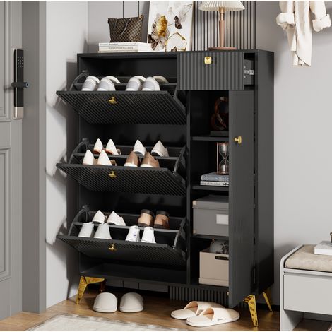Schuhschrank mit 3 Klappen, 1 Schublade und 1 Tür, Schwarz, 90x25x121 cm (1/5)