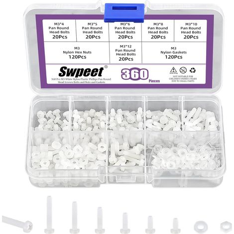 Lot de 360 vis à tête ronde M3 en nylon blanc avec écrous hexagonaux et joints, 6 tailles, vis à tête ronde cruciforme en nylon, vis à métaux en plastique nylon, longueur 4/5/6/8/10/12 mm (1/5)