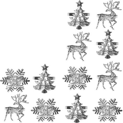 Rond De Serviette - Noël - Métal Argenté - Sapin Flocon Wapiti - 12 Pièces (1/4)