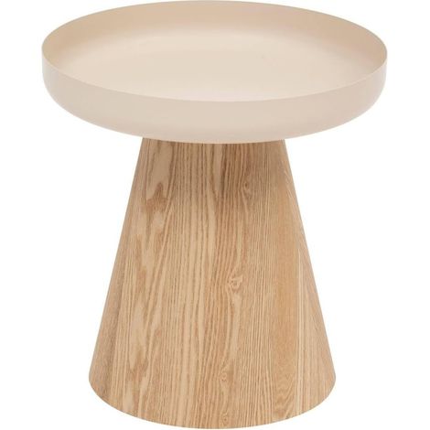 Atmosphera – Table à café ronde D40 en acier beige et bois de frêne – Hauteur 41,8 cm – Pied conique pour petits espaces – Facile à entretenir